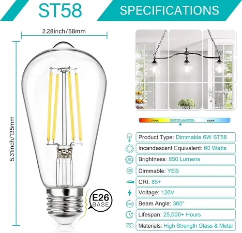 Miniatura 2 de MAXvolador Paquete de 12 bombillas LED Edison vintage regulables equivalentes a 60 W, 6 W, 850 lúmenes, blanco neutro 4000 K ST58, bombillas
