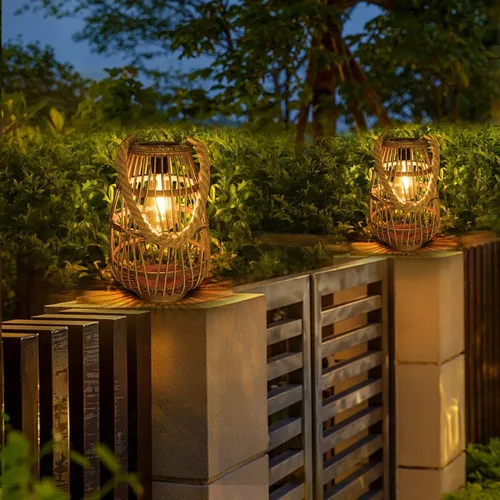 Miniatura 5 de Linterna solar de ratán natural con asa, luces LED decorativas grandes e impermeables, lámpara de mesa solar de ratán brillante para patio, boda