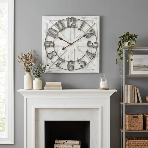 Miniatura 8 de EMAX HOME Reloj de pared grande estilo casa de campo, reloj de madera rústico cuadrado marrón de 24 pulgadas con letrero decorativo de madera