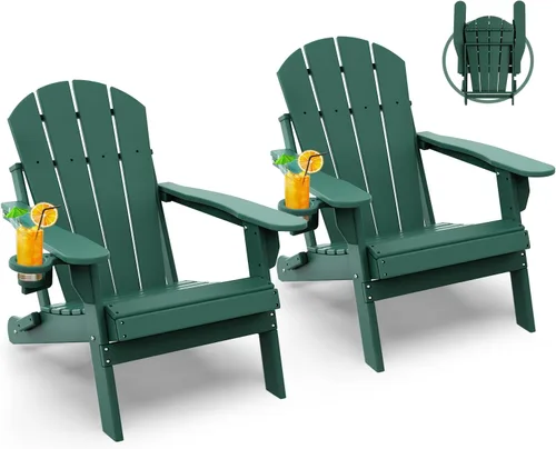 GREENVINES Juego de sillas plegables Adirondack de 2 unidades | Plástico HDPE | Silla para hoguera | Para todo tipo de clima | Con portavasos |