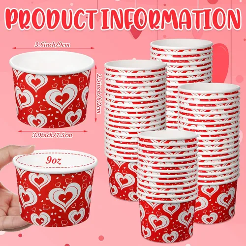 Miniatura 3 de Shellwei Paquete de 50 tazas de helado de 9 onzas para el día de San Valentín, cuencos de postre desechables con corazón, cuencos de papel