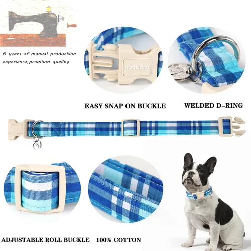 Miniatura 2 de DOGWONG Collar de Algodón para Perro, Collar de Perro de Cuadros Azules Resistente, Collar Suave y Duradero para Perro Macho, Lindo Collar de Boda