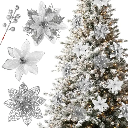 Miniatura 8 de Floweroyal 30 piezas Flores de Pascua Artificiales de Navidad Decoraciones con Clips y Tallos de Bayas Adornos con Purpurina para Árbol de Navidad