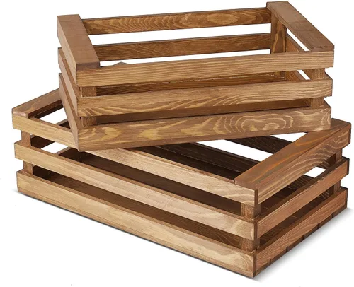Flexzion Caja de madera con asas, paquete de 2 cajas de madera marrón natural para almacenamiento y exhibición, cajas de anidación grandes y