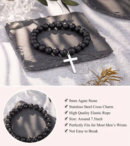Miniatura 4 de UNGENT THEM Pulsera con dije de cruz de piedra natural para padrino, madrina, joyería para el día del padre, cumpleaños, bautismo, regalos