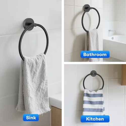 Miniatura 7 de Portatollas de Mano Atornillable Negro Mate Anillo para Toallas para Pared de Baño de Acero Inoxidable Colgador de Toallas Redondo para Accesorios