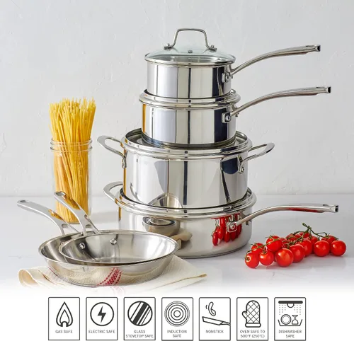 Miniatura 7 de Martha Stewart Castelle - Juego de ollas y sartenes de cocina de 10 piezas de acero inoxidable 18/8 duradero, seguro para inducción, no tóxico