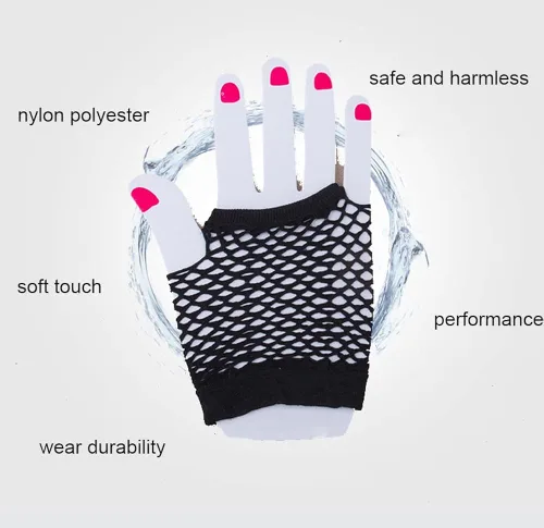 Miniatura 3 de Penta Angel 2 pares de guantes de malla de nailon negro sin dedos guantes de malla elástica para la muñeca para fiestas temáticas de los años 80