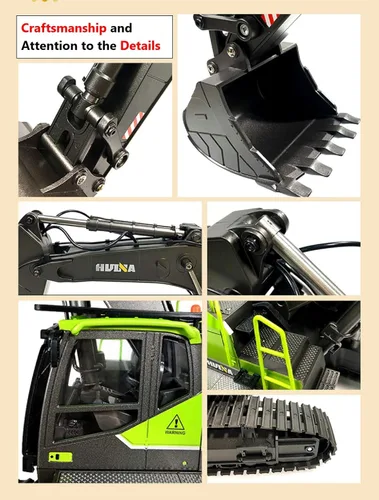 Miniatura 5 de Excavadora RC para adultos Huina 1593 Totalmente funcional Juguete 1:14 28 canales Control remoto Camión Construcción Vehículo Cubo Metal Luces LED