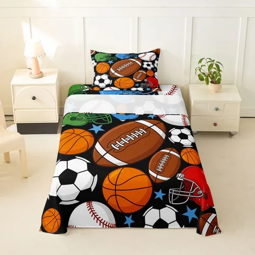 Feelyou Football Bed Sheets Set Twin Size Basketball Sports Deep Pocket Fitted Sheet Soccer Ball Game Bedding Sets Black Baseball Gaming Soft Bed