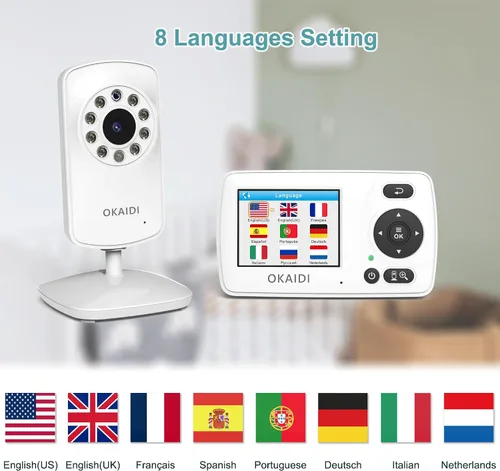 Miniatura 3 de OKAIDI Monitor de video para bebés con 2 cámaras, pantalla de viaje portátil de 2.4 pulgadas, transmisión de largo alcance de 1000 pies, monitor