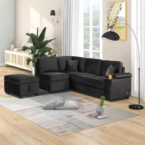 Miniatura 17 de Sofá cama modular de 104 pulgadas con diván convertible de almacenamiento y taburetes para sala de estar, moderno sofá cama extraíble de 3 asientos