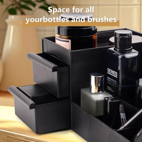Miniatura 4 de Organizador de tocador negro con cajones – Caja grande de almacenamiento para hombres en encimera para colonia, cuidado de la piel, maquillaje