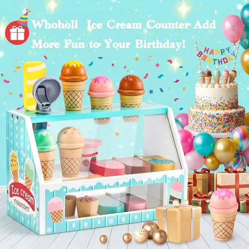 Miniatura 7 de WHOHOLL Juego de simulación de helado de madera para niñas, juguete de tienda de juego con alimentos de juguete y accesorios de cocina de simulación