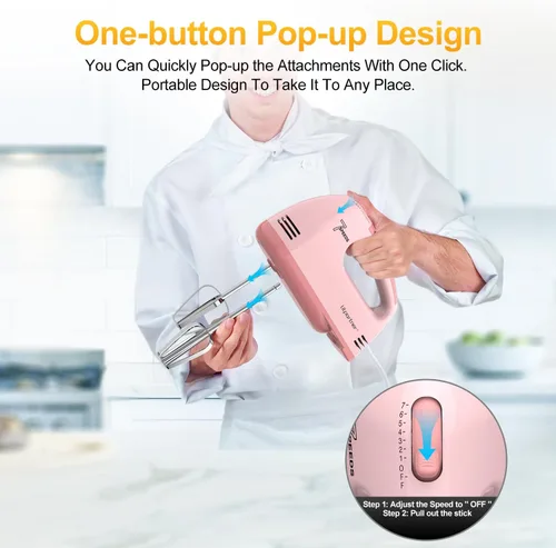 Miniatura 8 de LILPARTNER - Batidora de mano eléctrica, ultra potencia, con 7 velocidades y 5 accesorios de acero inoxidable para batir masa, crema, pasteles, apto