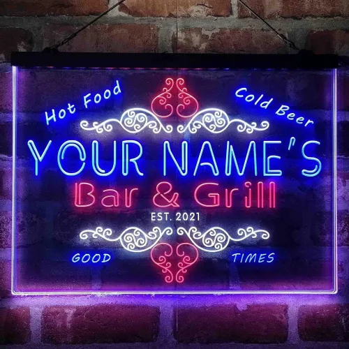 Miniatura 13 de Letrero de luz de neón LED tricolor personalizado para bar y parrilla, nombre personalizado, fecha, texto, cita, fuente blanco, azul y rojo, 17.7 x