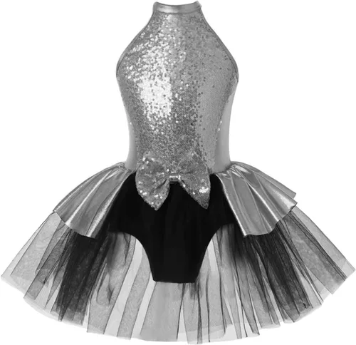 Miniatura 12 de CHICTRY Vestido tutú de ballet con lentejuelas brillantes para niñas y niñas, moderno disfraz de baile latino de jazz