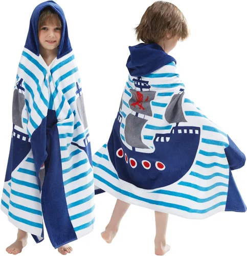 BANGSAUR Toallas de baño de playa con capucha para niños, 100% algodón, 50 x 30 pulgadas, manta envolvente para niños pequeños de 3 a 12 años, Barco