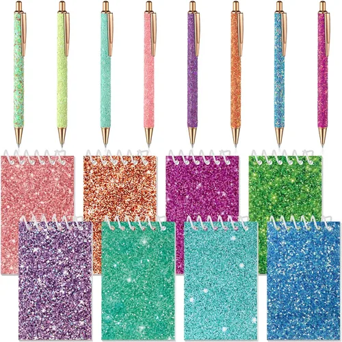 Sherr Juego de 16 bolígrafos y cuadernos con purpurina, mini bloc de notas en espiral, bolígrafos elegantes para niños, niñas, mujeres, lentejuelas