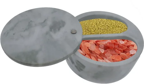 Miniatura 2 de Kerixi Bodega de sal de mármol y caja de almacenamiento con dos compartimentos, caja de sal con tapa giratoria para almacenar especias (gris blanco)