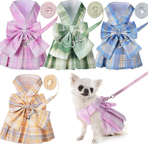 Miniatura 7 de Potchen Juego de 4 piezas de bonito vestido a cuadros para perro con arnés de lazo y correa para perros pequeños, ropa de cachorro para niñas