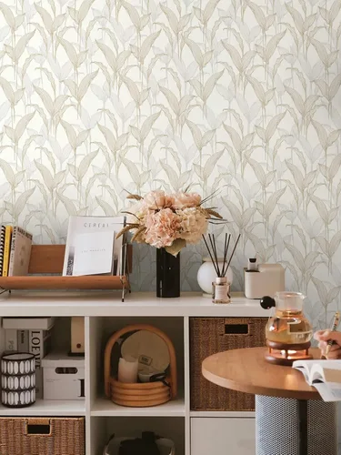 Miniatura 8 de Heroad Papel tapiz autoadhesivo para despegar y pegar, papel de contacto bohemio, moderno, neutro, hojas beige, extraíble, para armarios