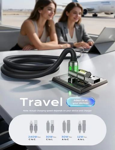 Miniatura 3 de MAGIC JOHN Cable de carga 240W 4 en 1, 4 pies USB C a Lightning [Certificado MFi], cargadores múltiples para todos los dispositivos, USB A/C grueso
