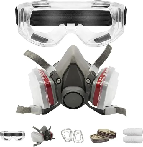 LAUCO Kit de respirador de alta calidad, juego de cubierta reutilizable de media cara con gafas de seguridad para gas, pintura, pulido a máquina,