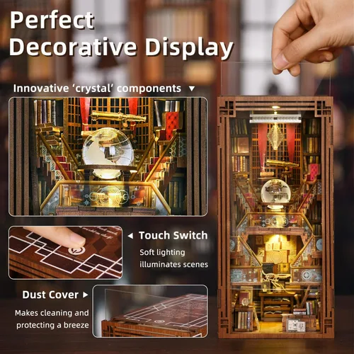 Miniatura 3 de MiniCity - Kit de manualidades para rincón de lectura, estantería de libros, inserto de estantería de madera, rompecabezas 3D, sujetalibros con luz