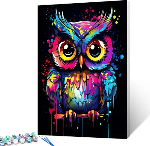 Tucocoo Kits de pintura de búho de graffiti por números con pinceles y pigmento acrílico sobre lienzo para adultos, imagen de estilo colorido de