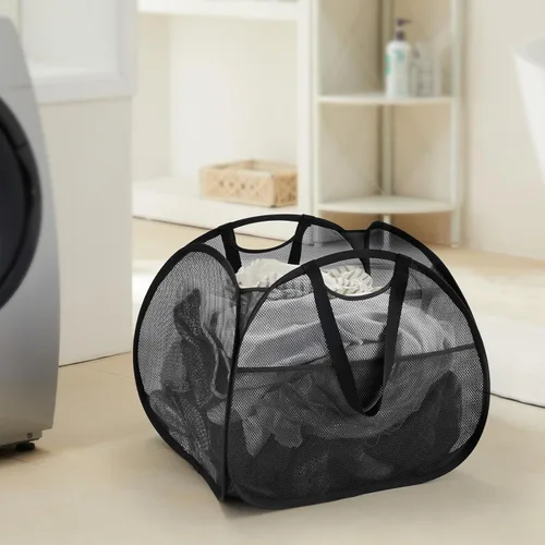 TECHMILLY Cesta plegable de malla con asas fuertes, cesta de ropa de gran apertura con bolsillos laterales, cestas de almacenamiento para Negro
