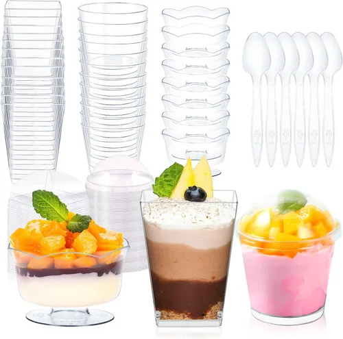 Miniatura 11 de Paquete de 360 tazas de postre de 5 onzas y 6 onzas con tapas y cucharas, 3 estilos de vasos de plástico transparente para aperitivos, desechables