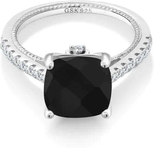 Miniatura 3 de Gem Stone King Anillo de compromiso de plata de ley 925 con ónix negro y zafiro blanco creado para mujer