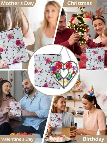 Miniatura 5 de Ky&Bosam - Atrapaluz de cristal, ventana en forma de corazón, con flor prensada, diseño de corazón/ "Mom", regalo para el Día de la Madre, Navidad