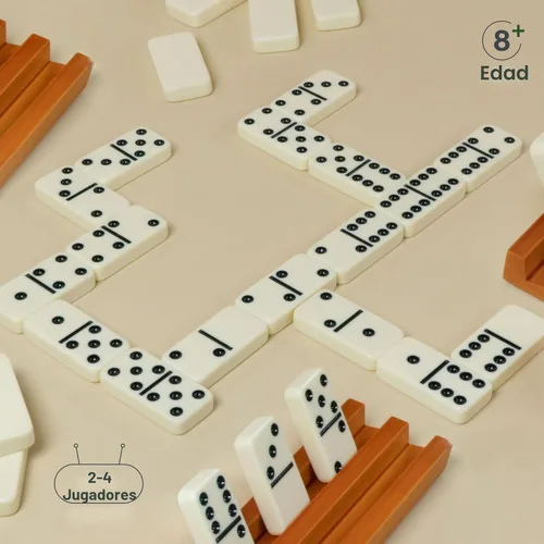 Miniatura 5 de Queensell Juego de dominó para adultos con 4 bastidores de dominó – Juego de dominó doble de 6 con soporte para dominó, juegos de mesa clásicos