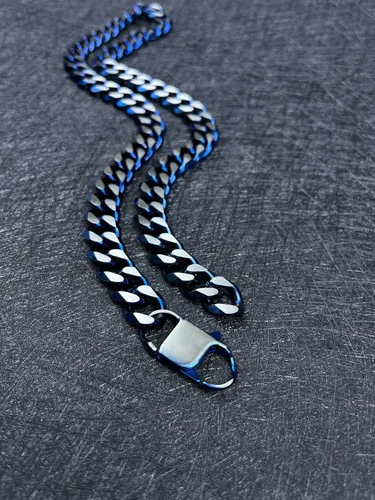 Miniatura 46 de YAMI Cadena de eslabones cubanos para hombre, azul/negro/oro de 14 quilates, acero inoxidable de 0.394-0.472 in de grosor, collar de cadena