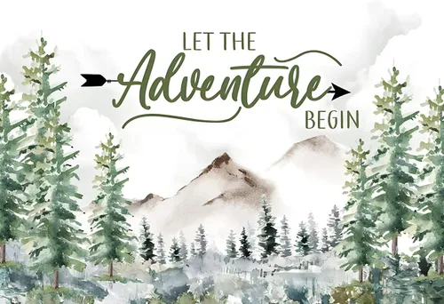 Decoración de baby shower de bosque de 7 x 5 pies, telón de fondo de aventura espera telón de fondo Let The Adventure Begin Banner F73