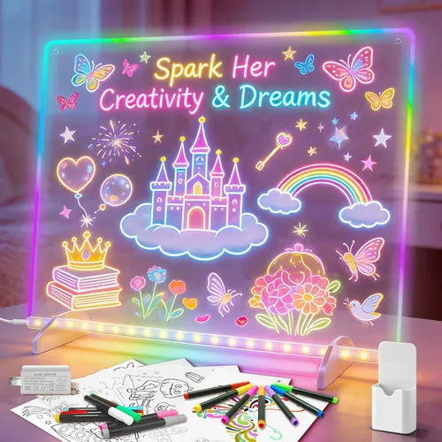 Pizarra de dibujo LED con 8 colores, pizarra acrílica de borrado en seco de 13 x 10 pulgadas con 13 efectos de luz, tablero de garabatos brillantes,