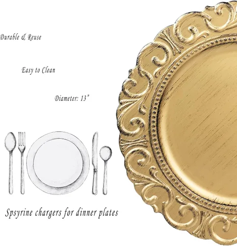 Miniatura 2 de Spsyrine Platos Base Dorados, Juego de 6 Platos Base para Platos de Cena, Platos Base de Mesa de 13 Pulgadas para Bodas al Por Mayor, Decoración