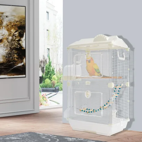 Miniatura 5 de Jaula para pájaros de hierro forjado de 2 puertas con techo y asas, jaula de loro de 28 pulgadas de alto, jaula de vuelo para pájaros y mascotas