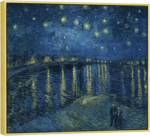 Wieco Art Cuadro enmarcado dorado Noche estrellada sobre el Ródano Impresiones en lienzo Arte de pared de Van Gogh Pinturas reproducción Impresiones