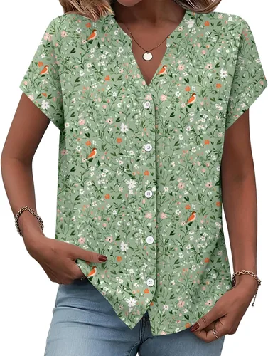 Miniatura 10 de Zeagoo Camisas con botones para mujer, camisetas de manga corta, cuello en V, blusas casuales de negocios