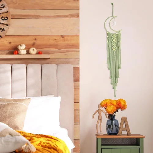 Miniatura 5 de ANROYE Colgante de pared tejido de macramé bohemio, crochet, luna creciente, estrella, atrapasueños con borla larga, algodón verde, hecho a mano