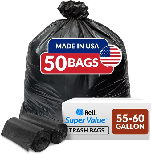 Reli. Bolsas de basura resistentes de 55 a 60 galones, 50 bolsas, 50 a 60 galones, basura negra grande, fabricadas en Estados Unidos