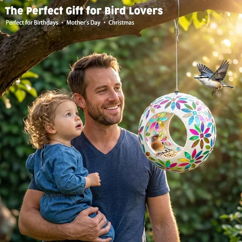 Miniatura 8 de VCUTEKA Comedero para pájaros para colgar en el exterior con recipiente de vidrio de forma redonda para atraer más aves silvestres, mosaico de paso