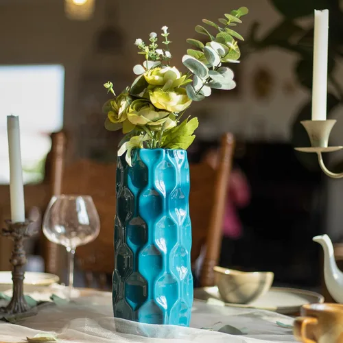 Miniatura 7 de Bdor Jarrón de cerámica, florero de flores de 11 pulgadas, jarrón de panal azul para decoración de habitación, detalles modernos de decoración