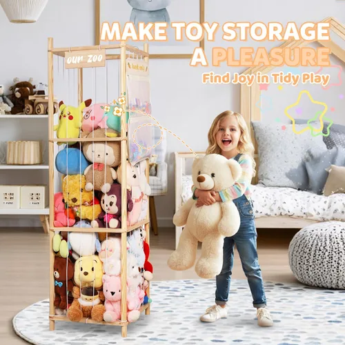 Miniatura 8 de Organizador de almacenamiento de animales de peluche, soporte grande de madera para juguetes de zoológico con bolsillos, peluches, almacenamiento
