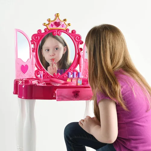 Miniatura 8 de Play22 Juego de tocador para niñas con espejo y taburete, 21 piezas, juego de mesa de maquillaje para niños con luces y sonidos, incluye accesorios