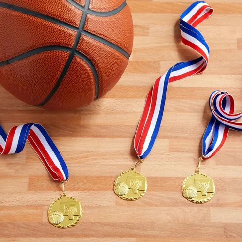 Miniatura 4 de Juvale Paquete de 12 medallas de premio para adultos, trofeos de participación en equipo con cinta de rayas rojas, blancas y azules, recuerdos