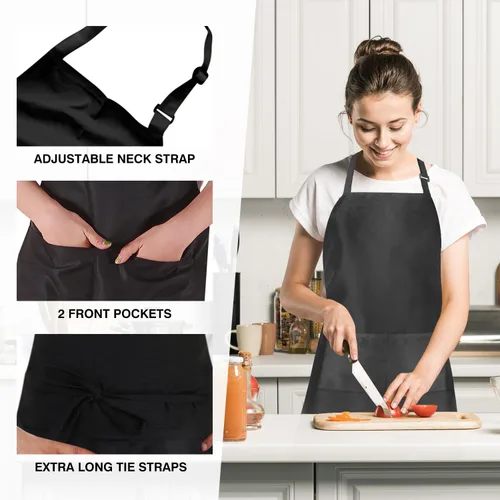Miniatura 3 de Paquete de 2/8/20 delantales negros para cocinar, delantales de chef para mujeres y hombres con bolsillos, delantales ajustables a granel